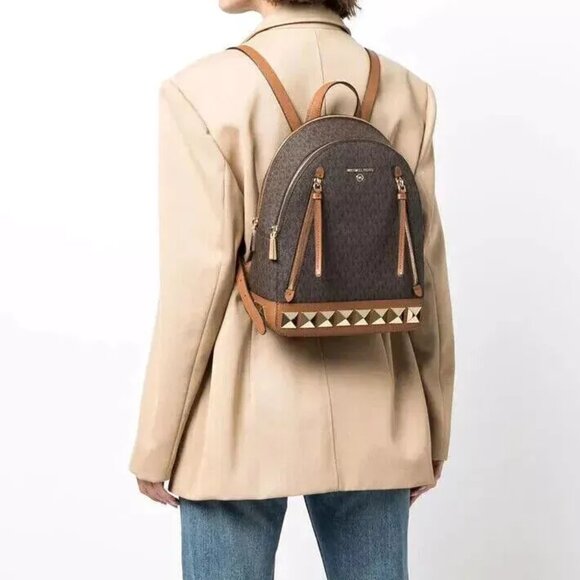 MICHAEL KORS BROOKLYN BACKPACK BROWN LOGO PYRAMID STUD TRAVEL SCHOOL BAG NWT! main image 5